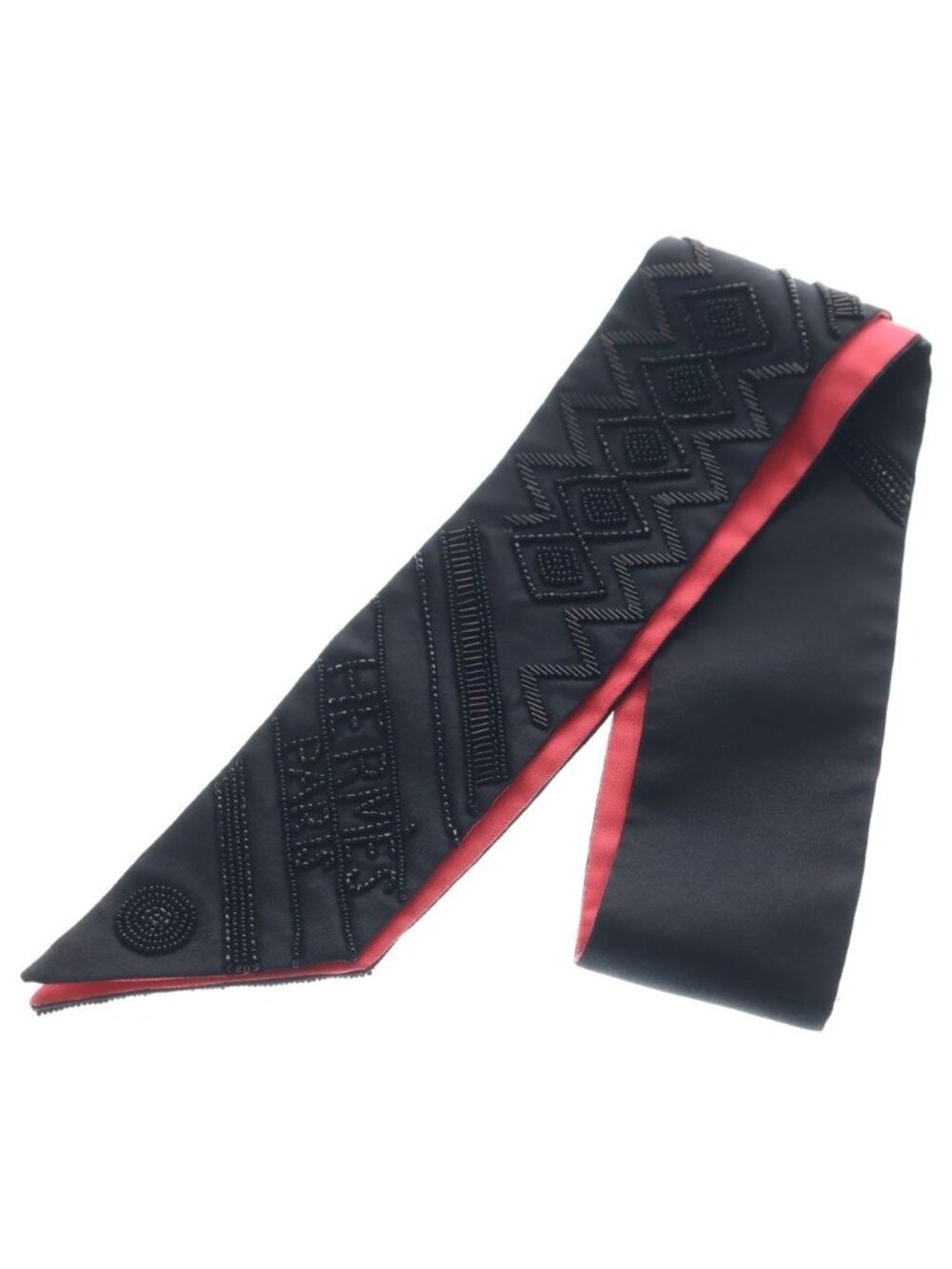 Hermes Beads Twilly Precieux Art Deco Silk Black Pink Scarf